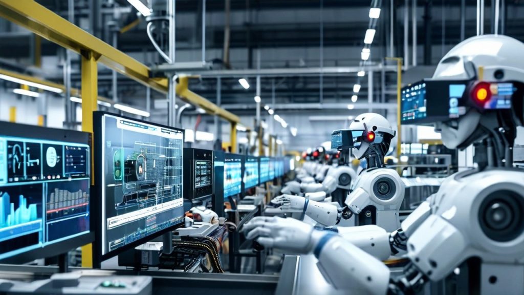 Robots are actively working on an assembly line