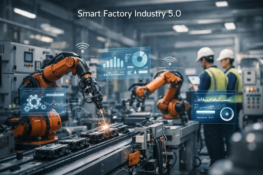 Smart factory Industry 5.0 production line with robotic arm