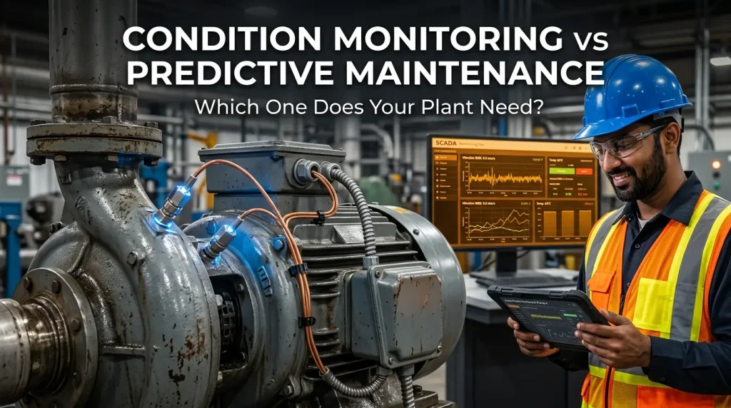 condition monitoring vs predictive maintenance - Indian engineer monitoring industrial pump sensors on SCADA dashboard tablet in manufacturing plant